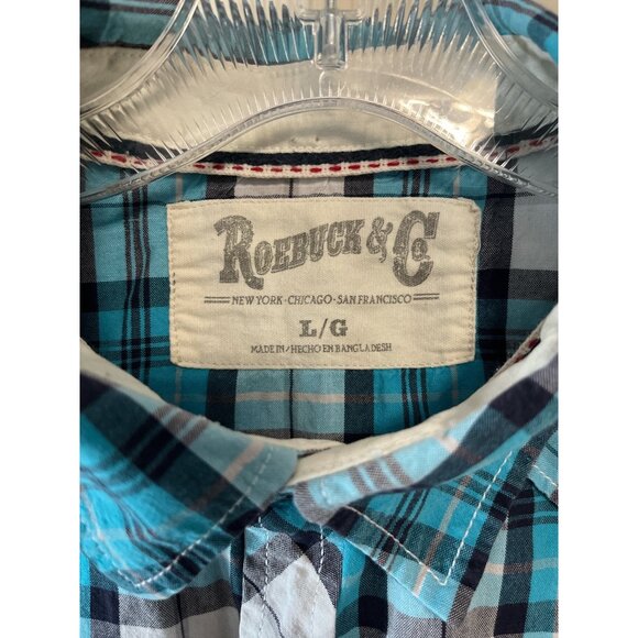 Roebuck & Co. Men’s L Plaid Pearl Snap Western Shirt – Blue/Black/White – 2010s - Picture 2 of 7